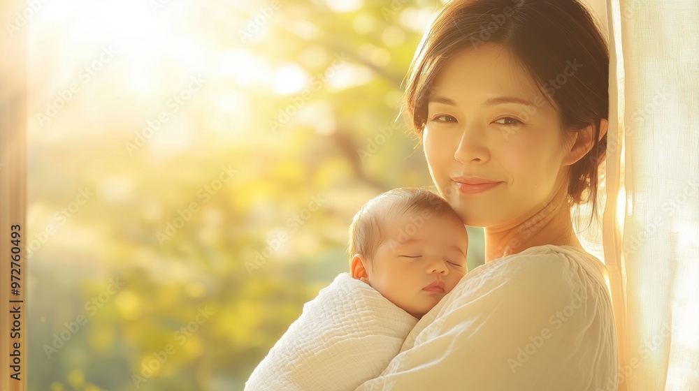 Serene Mother Cradling Newborn by Sunlit Window Serene Mother Cradling Newborn by Sunlit Window