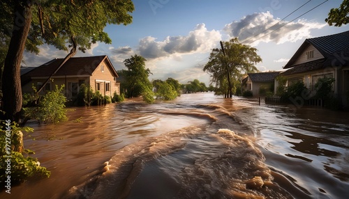 Flooded village with floods from heavy rains