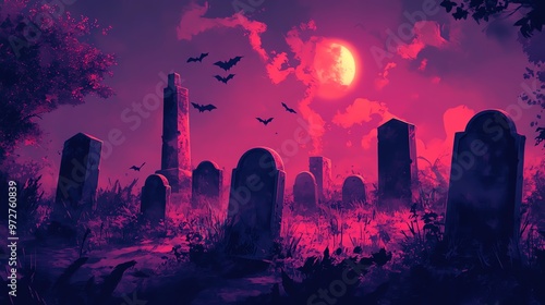 Sunset over a spooky graver with purple hues painting the sky as buildings cast long shadows