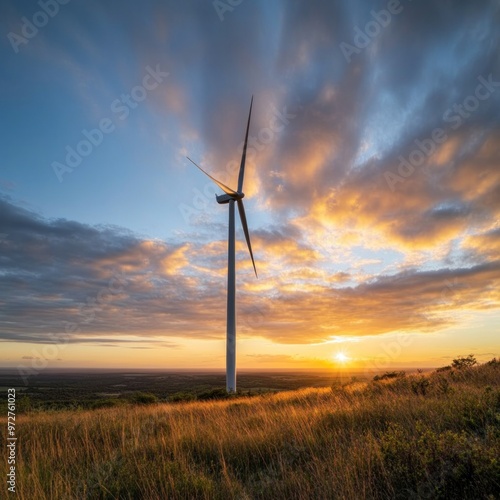 Wind Turbine Silhouetted Against Sunset