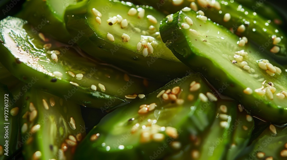 Freshly sliced cucumber salad with sesame seeds served in a bowl on a wooden table Freshly sliced cucumber salad with sesame seeds served in a bowl on a wooden table