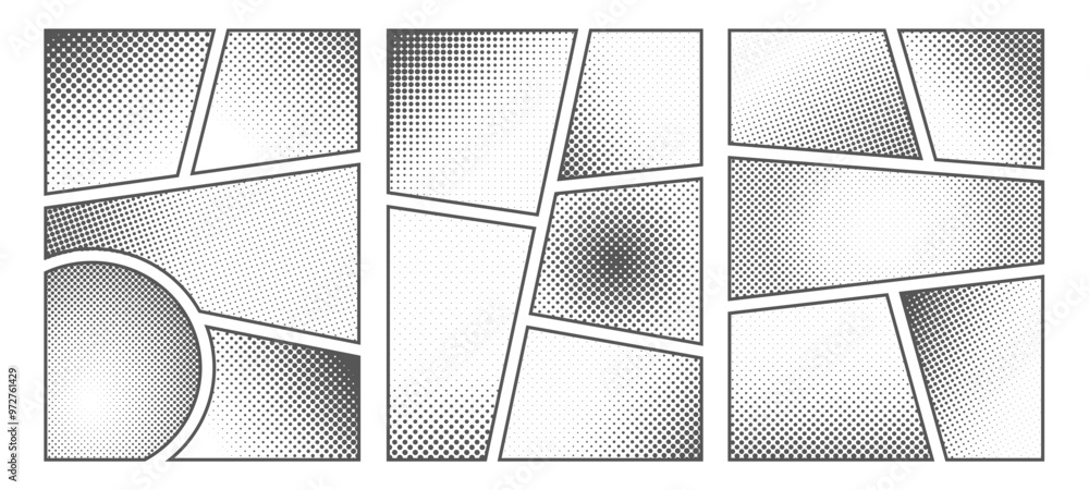 Naklejka premium Set of white and black halftone comic manga book template screentone page. Pop art halftone frame background with dot effects. Vector cartoon illustration
