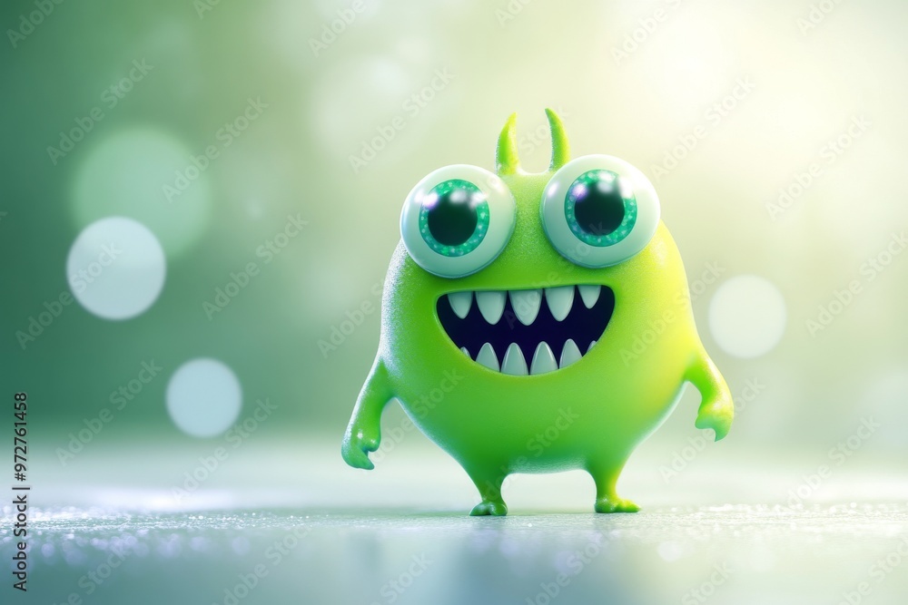 An Stock fantasy illustration of a green virus character with a happy expression An Stock fantasy illustration of a green virus character with a happy expression
