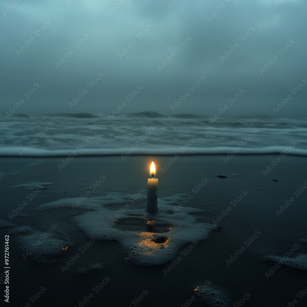 Fototapeta premium 47. A solitary candle flickering in the wind on a desolate beach, [fragility], [the endurance of hope amidst despair]