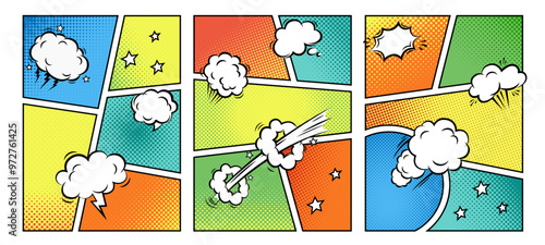 Set of comic manga book screentone with dialog speech bubbles. Pop art halftone colorful background with blank balloons. Vector illustration of retro cartoon stickers