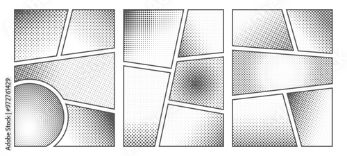 Set of white and black halftone comic manga book template screentone page. Pop art halftone frame background with dot effects. Vector cartoon illustration