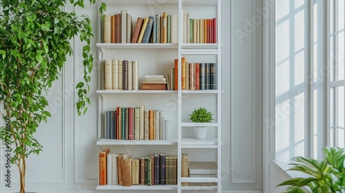 A narrow ladder-style bookshelf with white shelves, standing neatly against a wall in a small home office corner