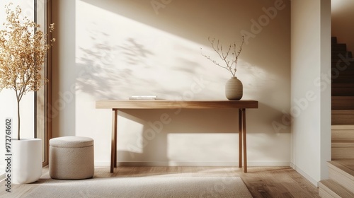 A narrow console desk with a modern design, tucked neatly into a compact entryway with subtle, minimalist decor