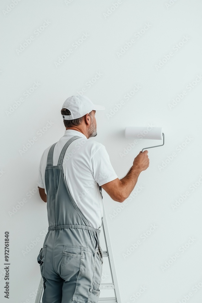 A painter paints a wall with a roller while standing on a stepladder on a light background with copy space. Repair and finishing work A painter paints a wall with a roller while standing on a stepladder on a light background with copy space. Repair and finishing work