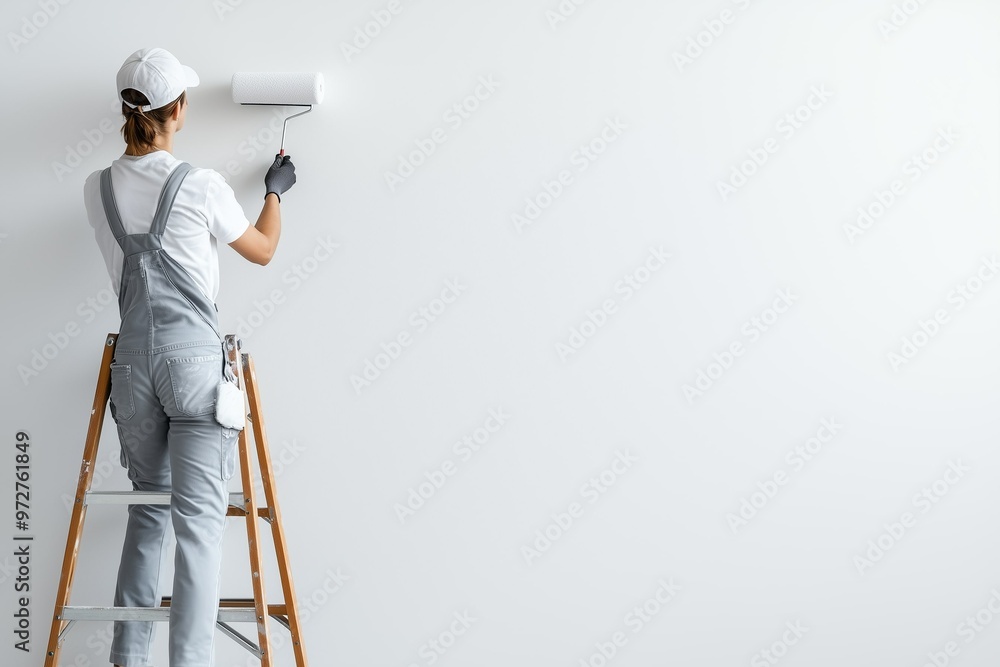 A painter paints a wall with a roller while standing on a stepladder on a light background with copy space.  Repair and finishing work