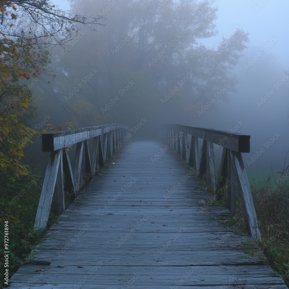 Fototapeta premium 49. A fog-covered bridge with no visible end in sight, [uncertainty], [crossing into the unknown]