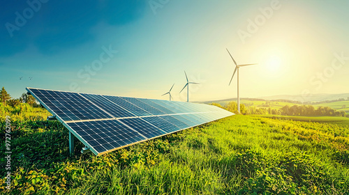 Solar panels and wind turbines in a lush green field, bright sunlight, clear blue sky, ecology energy concept