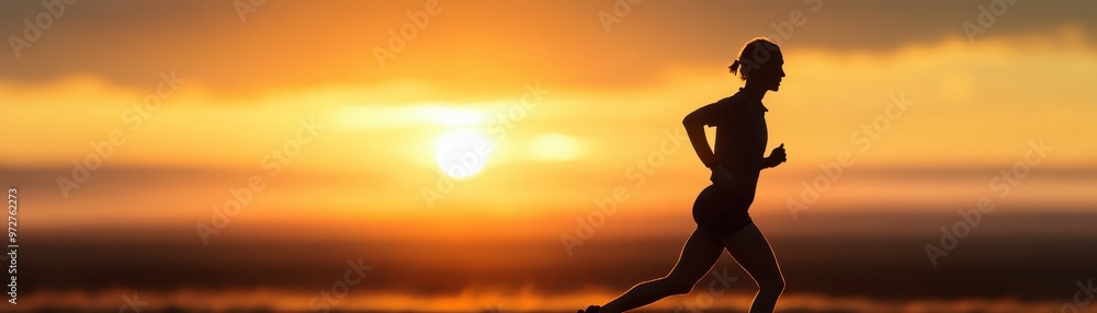 Silhouette of a Woman Running at Sunset with Vibrant Orange and Yellow Sky in the Background Silhouette of a Woman Running at Sunset with Vibrant Orange and Yellow Sky in the Background