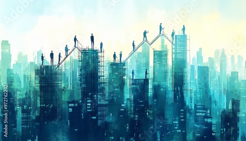 Ascending the Skyscraper of Success - Business Professionals Climbing Ladder in Urban Cityscape | Copy Space for Motivational Content