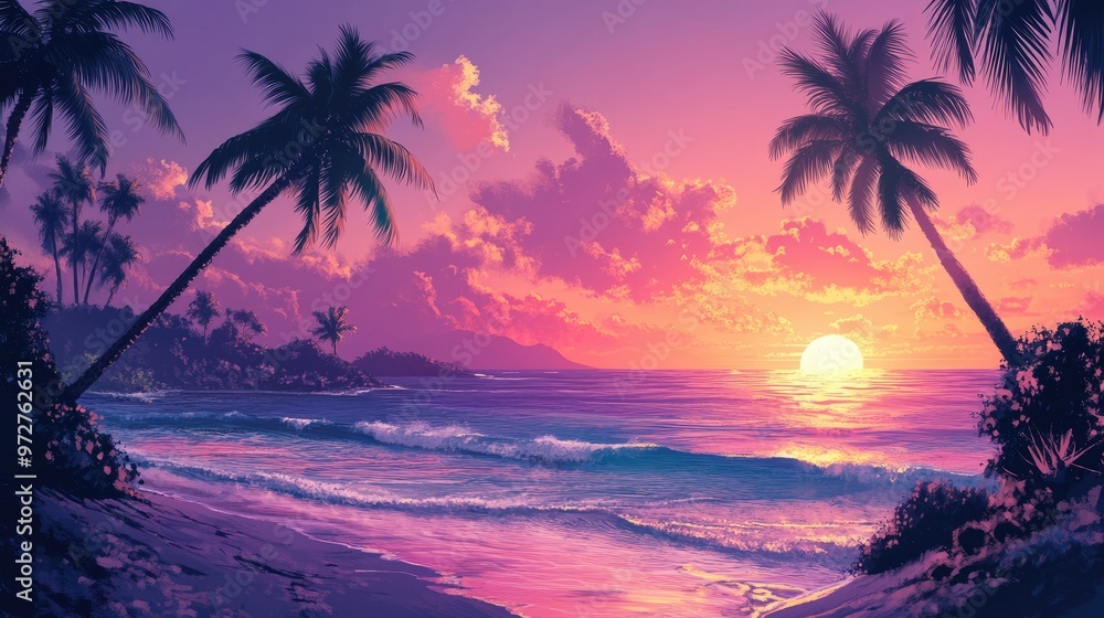 A breathtaking view of a tropical beach at sunset, with palm trees swaying in the breeze, the sky painted with shades of pink and purple, and gentle waves lapping the shore. A breathtaking view of a tropical beach at sunset, with palm trees swaying in the breeze, the sky painted with shades of pink and purple, and gentle waves lapping the shore.
