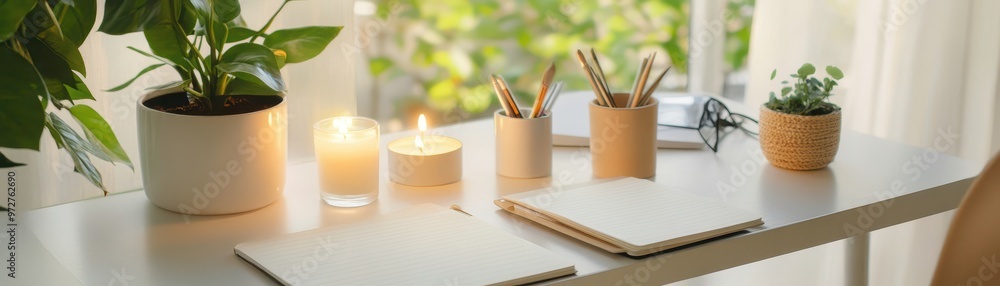 Obraz premium Cozy Home Office Desk with Plants, Candles, and Notebooks in Natural Light