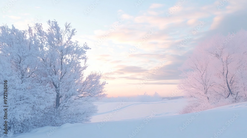Snowy landscape with the sky blending from icy blue to pale pink as the sun sets, creating a magical Christmas evening scene. 4K hyperrealistic photo. Snowy landscape with the sky blending from icy blue to pale pink as the sun sets, creating a magical Christmas evening scene. 4K hyperrealistic photo.