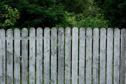 White wooden fence on the green summer garden forest background. front view