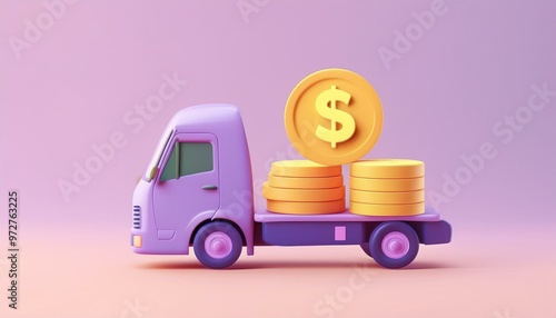 Colorful truck transporting gold coins, symbolizing delivery and finance concepts in a playful, modern design.