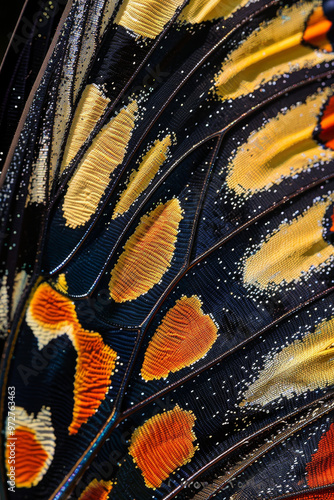 A detailed close up of butterfly wing showcasing intricate patterns and vibrant colors, highlighting beauty of natures design. delicate textures and vivid hues create stunning visual experience