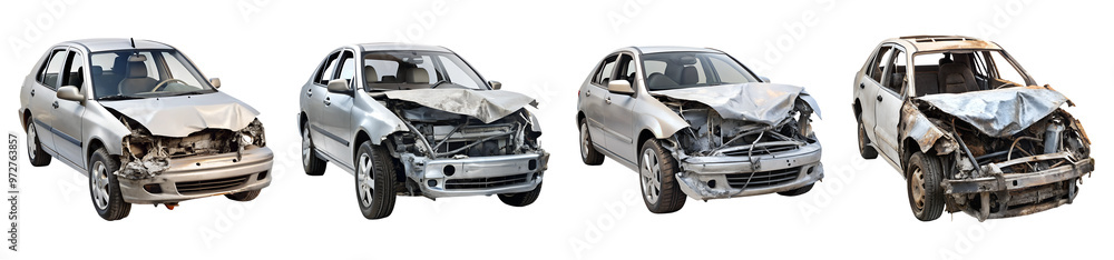 Set of crashed cars on a transparent background. Road safety concept.