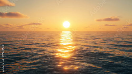 A majestic sunrise over the ocean, with the sun casting a golden path across the water and the sky glowing with soft colors.