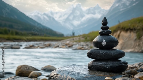 A mystical image of a Shiva Linga icon in the wilderness, placed near a riverbank with mountains in the background, symbolizing nature and divinity.