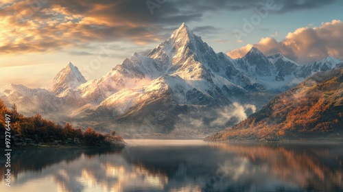 A panoramic view of a snow-capped mountain range at sunrise, with warm golden light illuminating the peaks and a calm lake reflecting the scenery below.