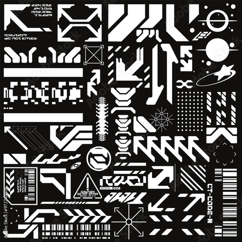 cyberpunk y2k 2000s gaming futuristic icon pattern  set collection template hud for branding fashion t-shirt decoration decals, 2d illustration rendering vector 