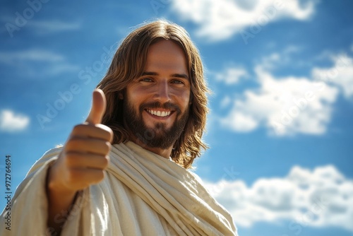 A happy and positive image of Jesus Christ with a good mood. Thumbs up. Stock, human enhanced.