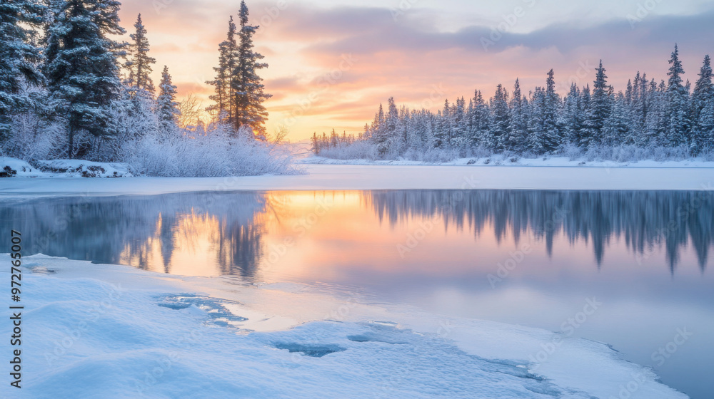 Fototapeta premium A peaceful sunrise over a frozen lake, with the ice reflecting the soft colors of dawn and snow-covered trees in the background.