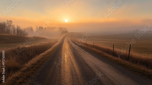 A quiet country road at sunrise, with the sun rising above the horizon and the landscape bathed in soft, warm light.