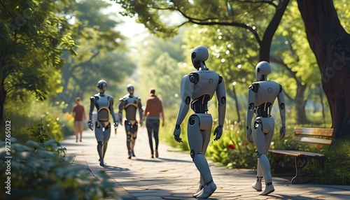 Vibrant gathering of friends enjoying a leisurely stroll through a lush park under a clear blue sky photo