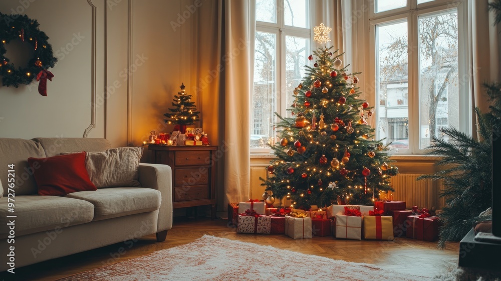 Cozy living room with a beautifully decorated Christmas tree, gifts under it Cozy living room with a beautifully decorated Christmas tree, gifts under it