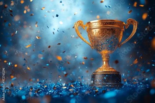 Gleaming Golden Trophy Surrounded by Blue Confetti - Symbol of Victory and Success with Copy Space for Text