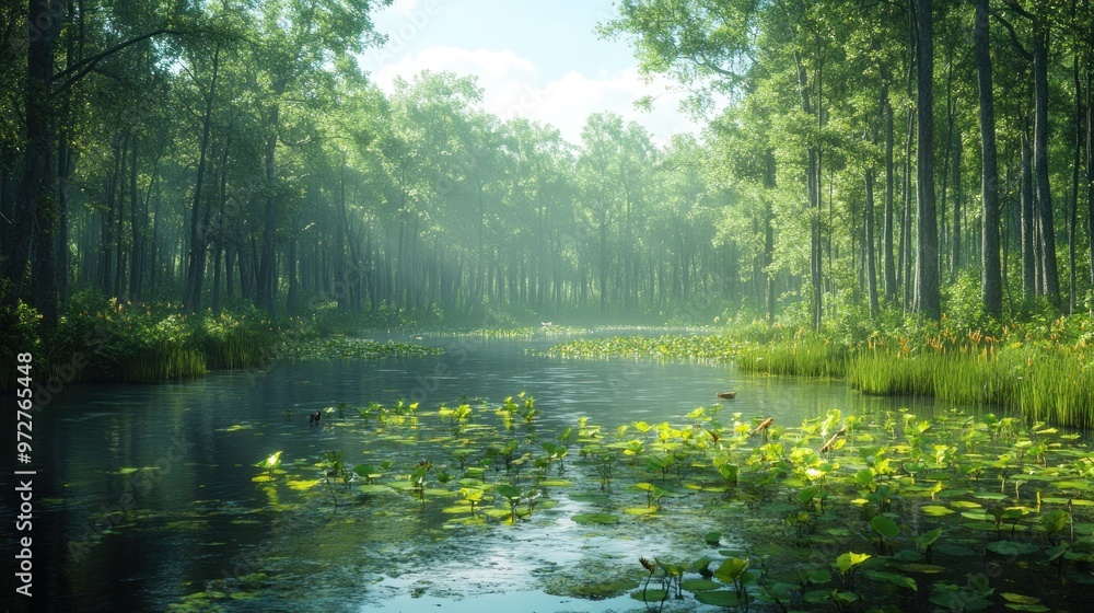 Serene forest landscape with a tranquil waterway and lush greenery. Serene forest landscape with a tranquil waterway and lush greenery.