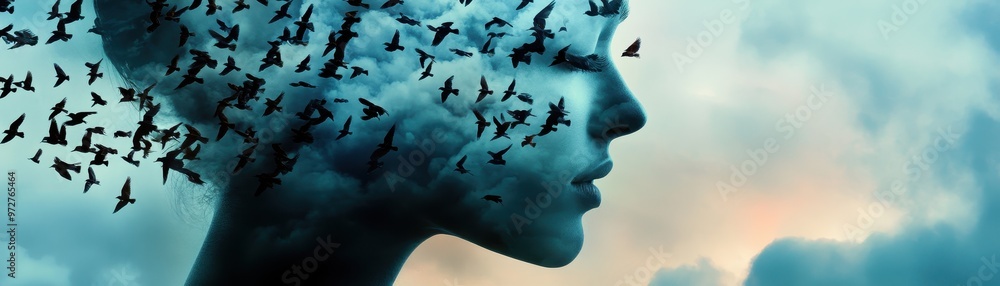 Obraz premium Surreal Digital Art of a Woman's Profile Transforming into a Flock of Birds Against a Dreamy Sky