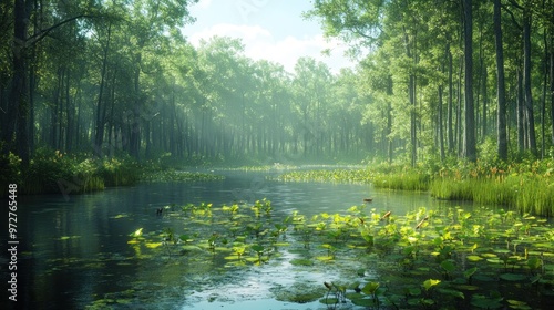 Serene forest landscape with a tranquil waterway and lush greenery.