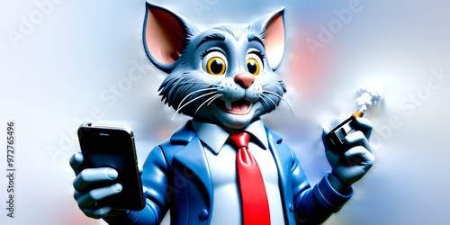 A highly detailed 3D illustration of a cat character dressed in a business suit, holding a smartphone in one hand and a detonator in the other. The vibrant colors and expressive features make it ideal photo