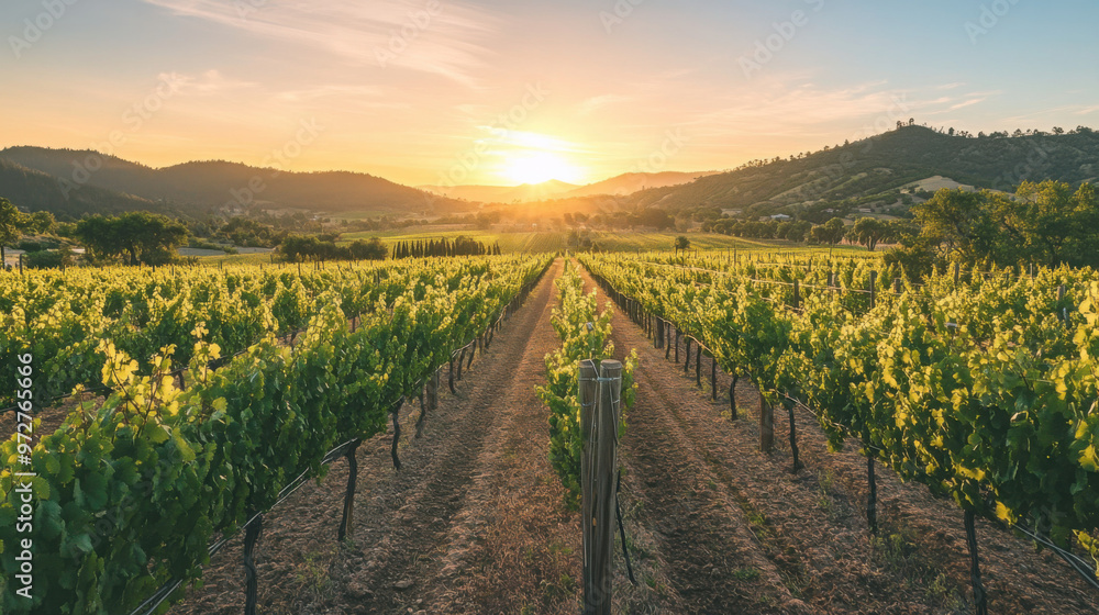 Fototapeta premium A tranquil sunrise over a vineyard, with rows of grapevines illuminated by the soft morning light and the distant hills glowing.