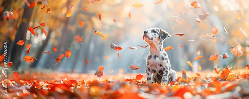 Cute dalmatian puppy looking onto falling autumnal leaves. Autumn theme.