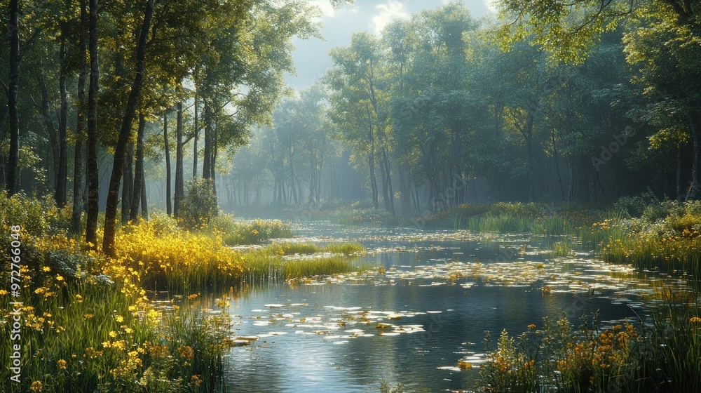 Serene river scene with lush greenery and vibrant flowers. Serene river scene with lush greenery and vibrant flowers.