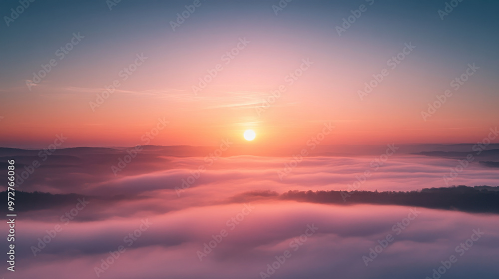 Obraz premium A breathtaking sunrise over a foggy valley, with the sun rising above the mist and the sky painted in soft pastel colors.