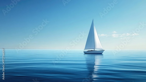 A sleek white sailboat gliding across calm blue waters under a clear sky, with sails fully raised and catching the wind. The horizon stretches endlessly in the distance.