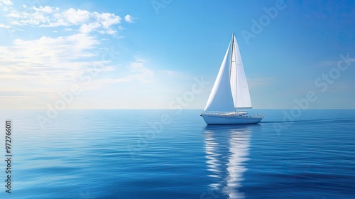 A sleek white sailboat gliding across calm blue waters under a clear sky, with sails fully raised and catching the wind. The horizon stretches endlessly in the distance.