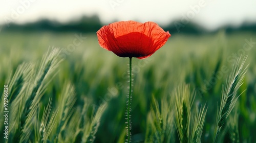 A single red poppy standing tall in a field of green grass, its vibrant color starkly contrasting with the surrounding landscape.