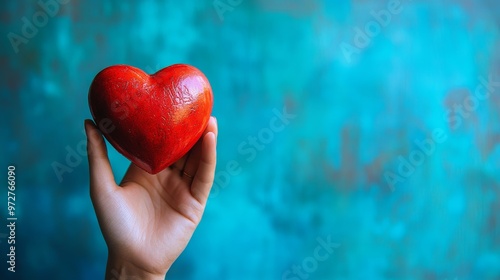 Heartfelt Affection - Hand Holding Vibrant Red Heart on Blue Background with Copy Space for Text, Love and Care Concept photo