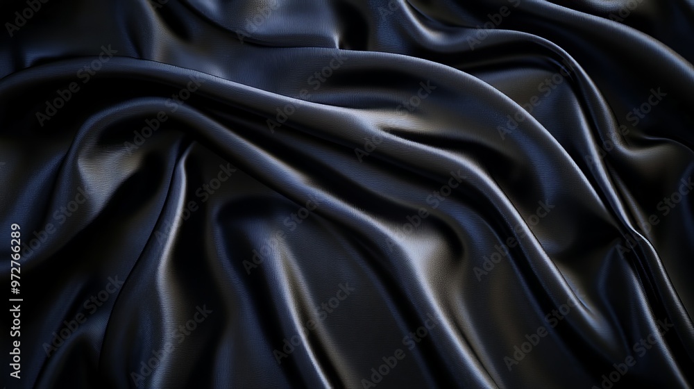 Obraz premium This image showcases an elegant black satin fabric with luxurious waves creating a smooth texture perfect for background use