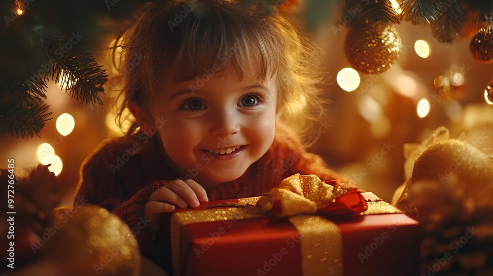 Child's delighted expression as they discover a hidden gift under the tree, with warm light highlighting their joy. 4K hyperrealistic photo. Child's delighted expression as they discover a hidden gift under the tree, with warm light highlighting their joy. 4K hyperrealistic photo.