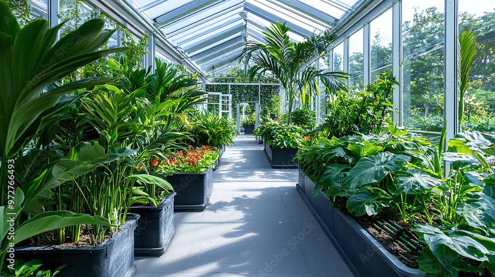 a modern greenhouse interior with various plant species and an advanced irrigation setup a modern greenhouse interior with various plant species and an advanced irrigation setup